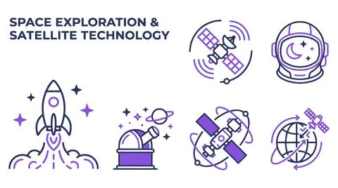 Space exploration and satellite technology icon collection with exploration Stock Illustration