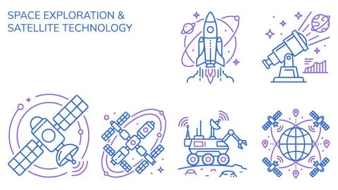 Space exploration and satellite technology icons with outer space, suit Illustrazione stock