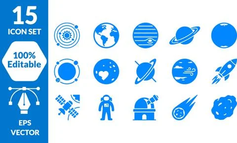 Space Exploration and Solar System Planets Icon Bundle for Educational Design Stock Illustration