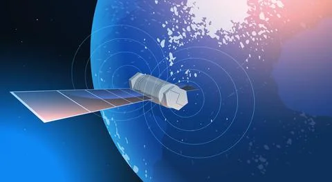 Space exploration astronautics technology concept observation satellite flying Stock Illustration
