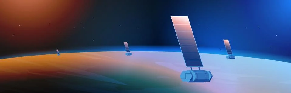 Space exploration astronautics technology concept observation satellite flying Stock Illustration