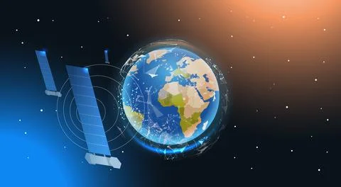 Space exploration astronautics technology concept observation satellite flying Stock Illustration