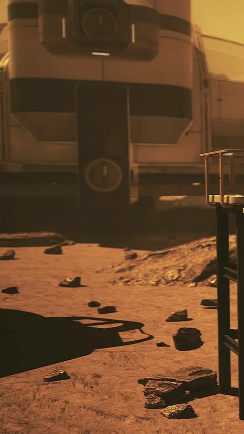 Space exploration base on Mars during sunset with rocky terrain and equipment 動画素材 330269815