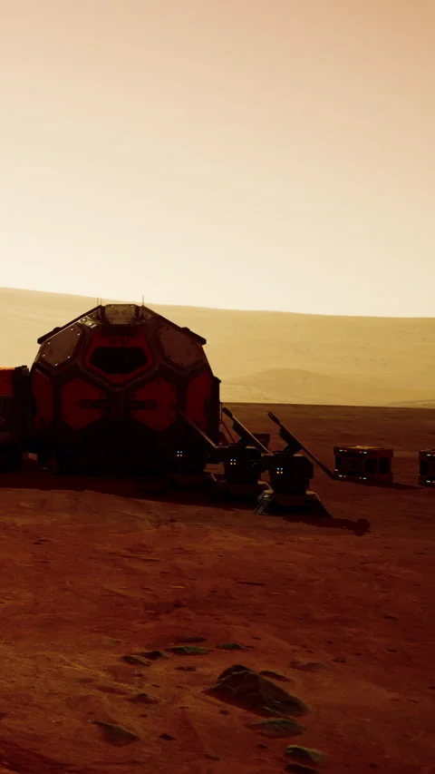 Space exploration base on Mars with equipment during sunset Stock Footage 337901475