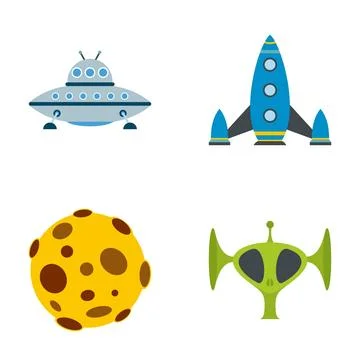 Space exploration elements including rocket, ufo, alien and planet 库存插图