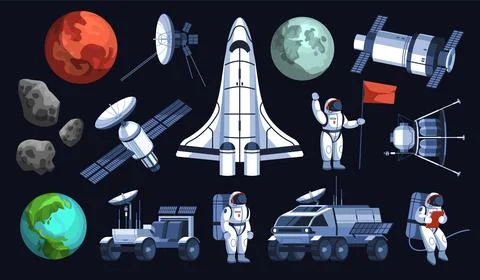 Space exploration elements. Special cosmos equipment, astronauts in spacesuits 스톡 일러스트