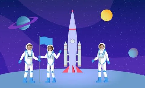 Space exploration, expedition flat vector illustration. Young astronauts with Stock Illustration