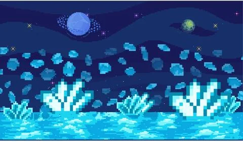 Space exploration, fantasy alien landscape. Cartoon pixel art background イラスト素材