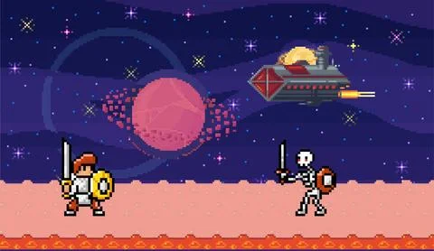 Space exploration, fantasy alien landscape with spaceship. Cartoon pixel art Stock Illustration