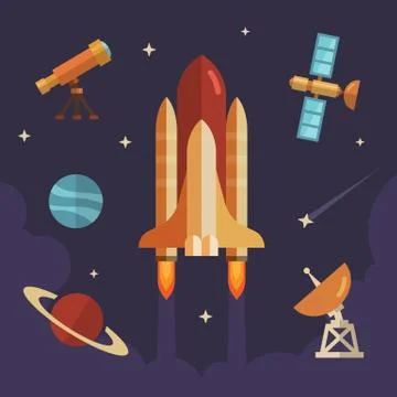Space exploration flat icon set. Rocket, telescope, planets, stars, satellite Illustrazione stock