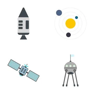 Space exploration flat icon set featuring rockets planets Stock Illustration