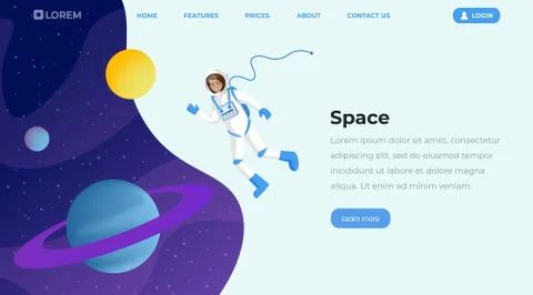 Space exploration flat landing page template. Female cosmonaut in outer space Stock Illustration