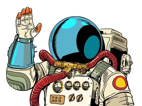 Space exploration is getting closer. The astronaut waves his hand. Intergalactic 库存插图