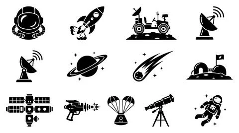 Space exploration icons collection with collection presents comprehensive Stock Illustration