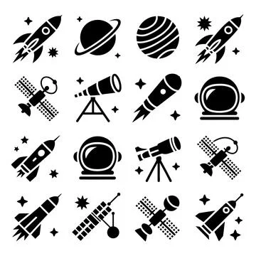 Space Exploration Icons Set Rocket Satellite Astronaut Planet Telescope Ilustración de archivo