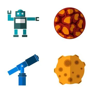 Space exploration icons showing robot, planet, telescope, asteroid Stock Illustration