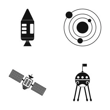 Space exploration icons showing rocket, satellite, solar system, lander Stock Illustration