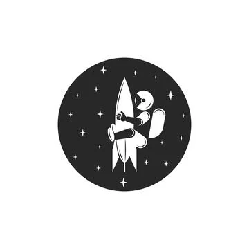 Space exploration logo in a comic form, astronaut in a spacesuit riding a spa Stock-Illustration