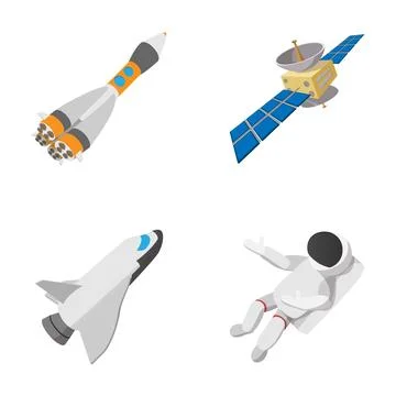 Space exploration mission with astronaut, rocket, satellite, shuttle Stock Illustration