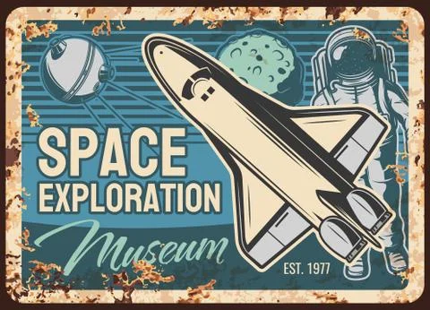 Space exploration museum vector rusty metal plate Illustrazione stock