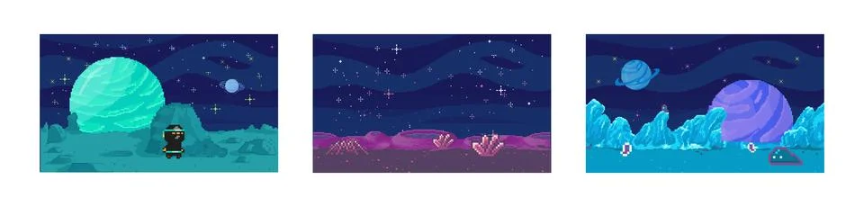 Space exploration pixelated scenes set, fantasy alien landscape. Cartoon pixel Stock Illustration