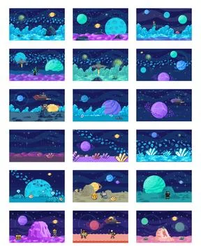 Space exploration pixelated scenes set, fantasy alien landscape. Cartoon pixel イラスト素材