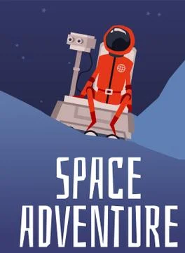 Space exploration poster with cartoon red astronaut sitting on rover robot Illustrazione stock