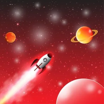Space exploration with retro rocket planets and stars on dark background with Stock Illustration
