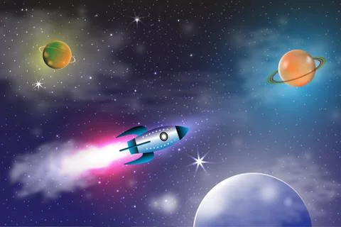 Space exploration with retro rocket planets and stars on dark background with Stock Illustration
