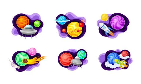 Space exploration set. Planets, rocket , shuttle, ufo spaceship vector Ilustração Stock