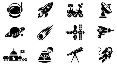 Space exploration silhouette icon set Stock Illustration