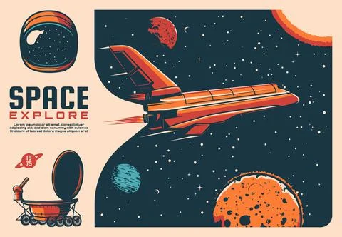 Space exploration spaceship, planets retro poster Stock Illustration
