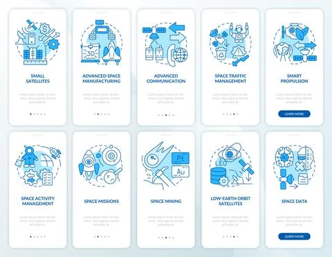 Space exploration tech blue onboarding mobile app screen set Illustrazione stock