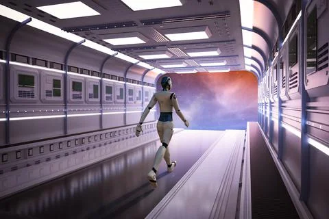 Space exploration technology with robotic astronaut on space shuttle Stock Photos