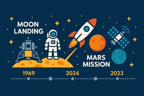 Space exploration timeline from moon landing to mars mission Stock Illustration