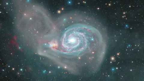 Space exploration travel through outer space towards Messier 51 galaxy Stock Footage 277049470