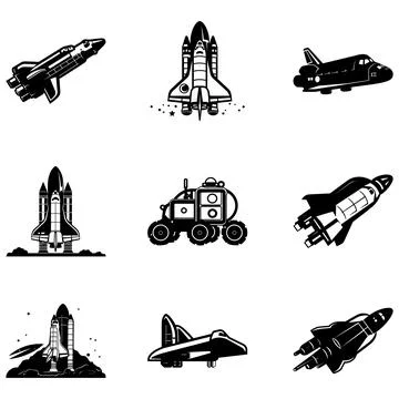 Space Exploration Vector Pack  Diverse Spaceship Silhouette Designs Stock Illustration