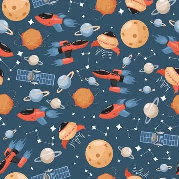 Space exploration vector seamless pattern. Spaceships, rockets, moon, planets Stock Illustration