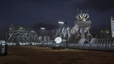 Space exploration vehicle on alien planet parked next to rows of solar panels Stock Photos