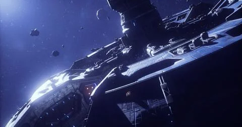 Space exploration vessel navigating through an asteroid field in the galaxy Stock Illustration