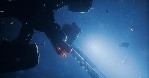Space exploration vessel navigating through an asteroid field at dusk Stock-Illustration