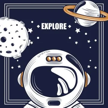 Space explore helmet moon and planet stars badge Stock Illustration