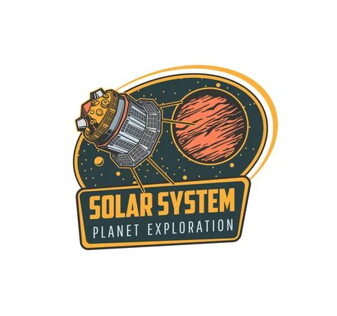 Space explore, Solar system research retro icon Stock Illustration