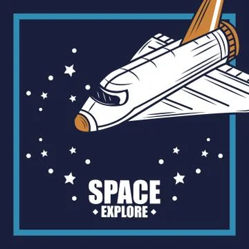 Space explore spacecraft starry background badge Stock Illustration