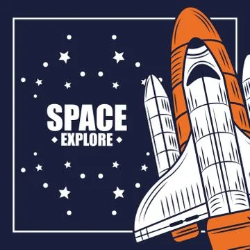 Space explore spaceship starry blue background Illustrazione stock