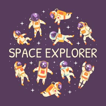 Space Explorer Banner Template, Astronaut in Outer Space Pattern of Circular Stock Illustration