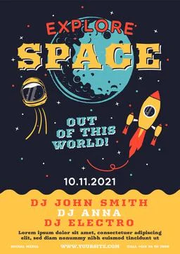 Space explorer flyer. Trending galaxy themed music banner poster with rockets 스톡 일러스트