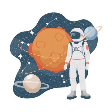 Space explorer in spacesuit and outer space vector flat illustration. Astronaut Stock Illustration