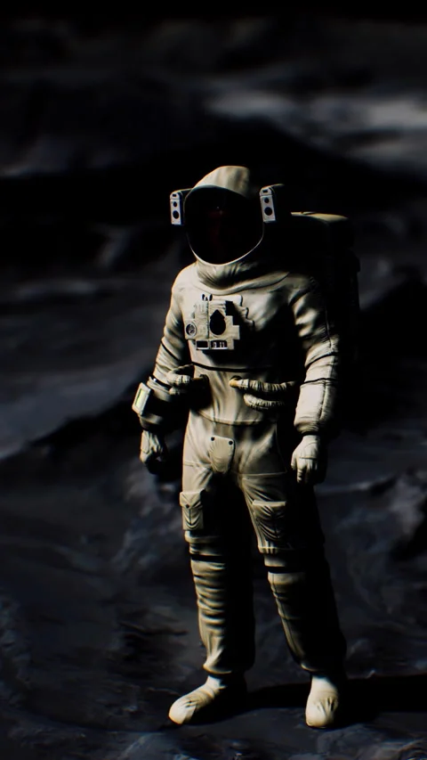 Space explorer stands on the surface of an alien planet in dark setting Stock Footage 344963729