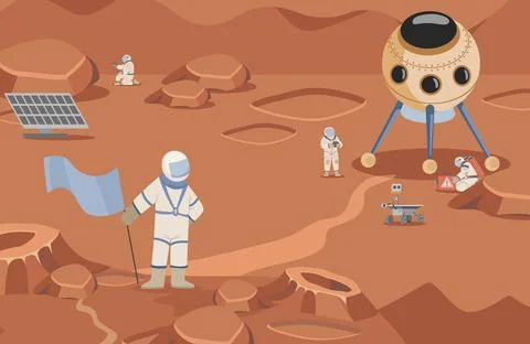 Space explorers in spacesuits making researches vector flat illustration Stock Illustration